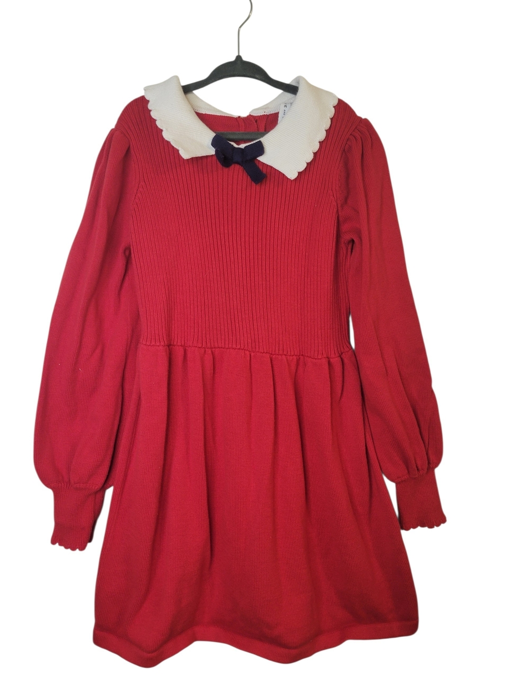 Janie and Jack Red Knit Dress with White Scalloped Collar and Navy Bow